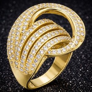 New Ladies Micro pave set CZ diamond Swirl cocktail statement wedding ring Gold